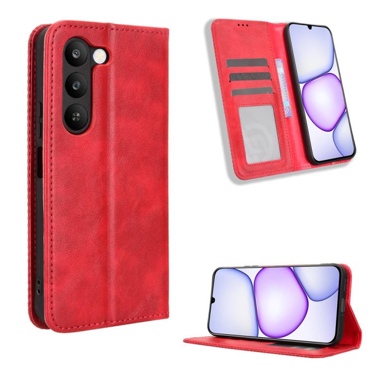 Magnetic Buckle Retro Texture Leather Phone Case — Red