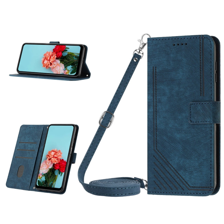 Skin Feel Stripe Pattern Leather Phone Case with Lanyard — Black