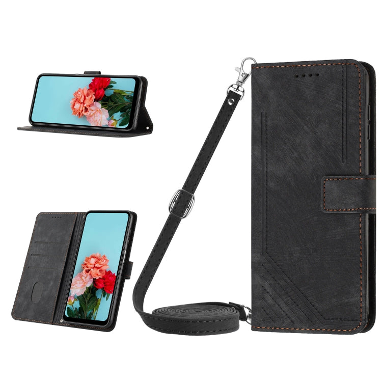 Skin Feel Stripe Pattern Leather Phone Case with Lanyard — Purple