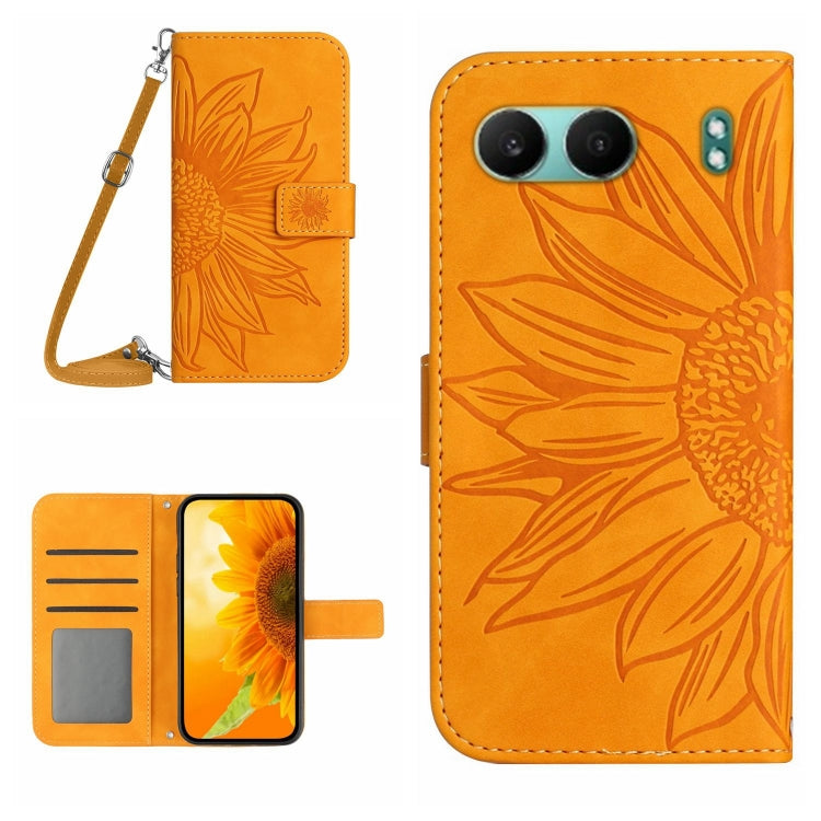 Skin Feel Sun Flower Embossed Leather Phone Case with Lanyard