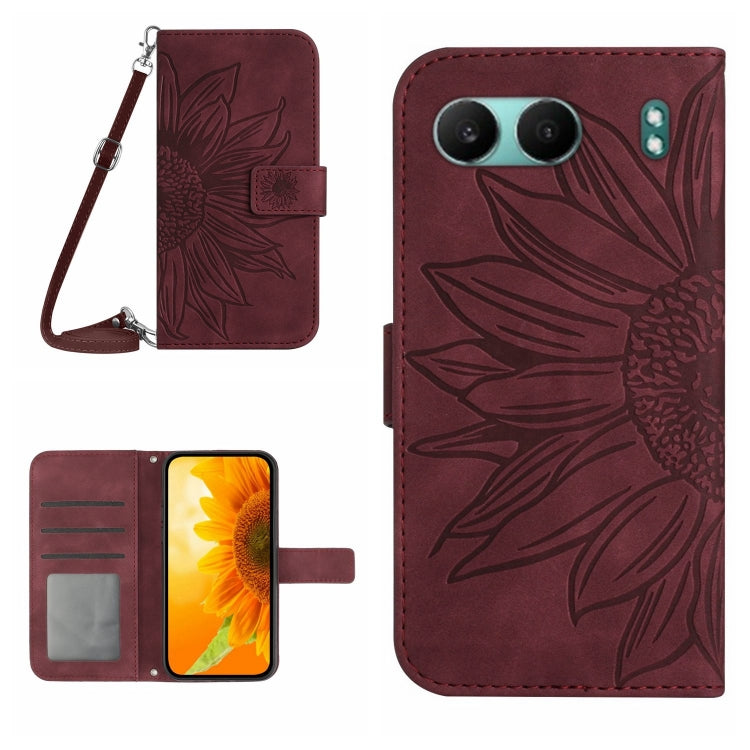 Skin Feel Sun Flower Embossed Leather Phone Case with Lanyard