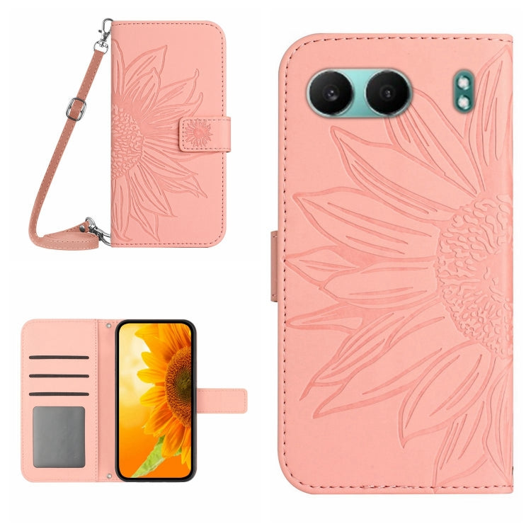 Skin Feel Sun Flower Embossed Leather Phone Case with Lanyard