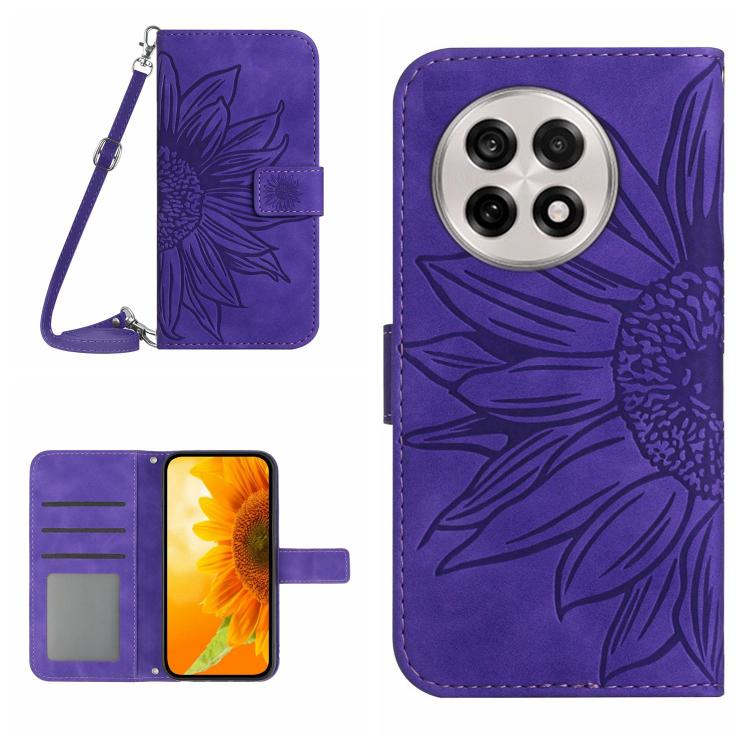 Skin Feel Sun Flower Embossed Leather Phone Case with Lanyard