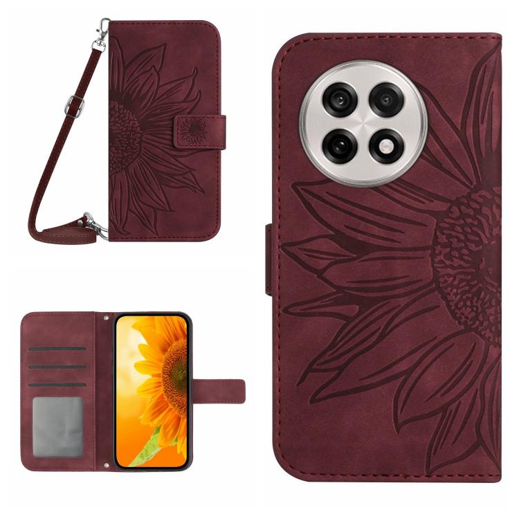 Skin Feel Sun Flower Embossed Leather Phone Case with Lanyard