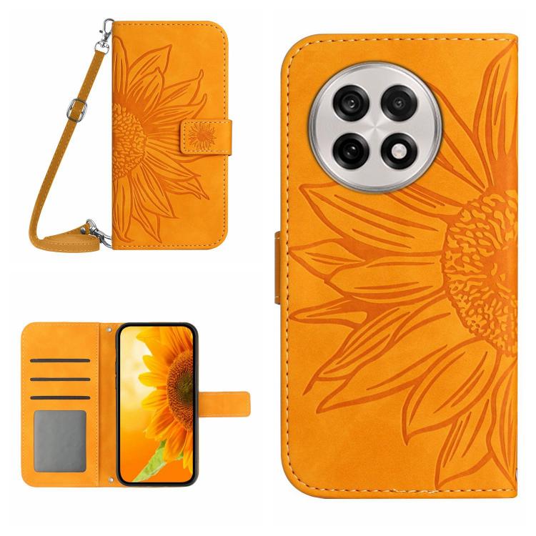 Skin Feel Sun Flower Embossed Leather Phone Case with Lanyard