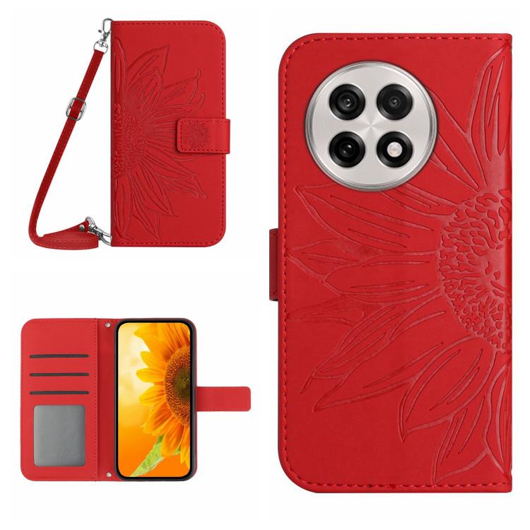 Skin Feel Sun Flower Embossed Leather Phone Case with Lanyard