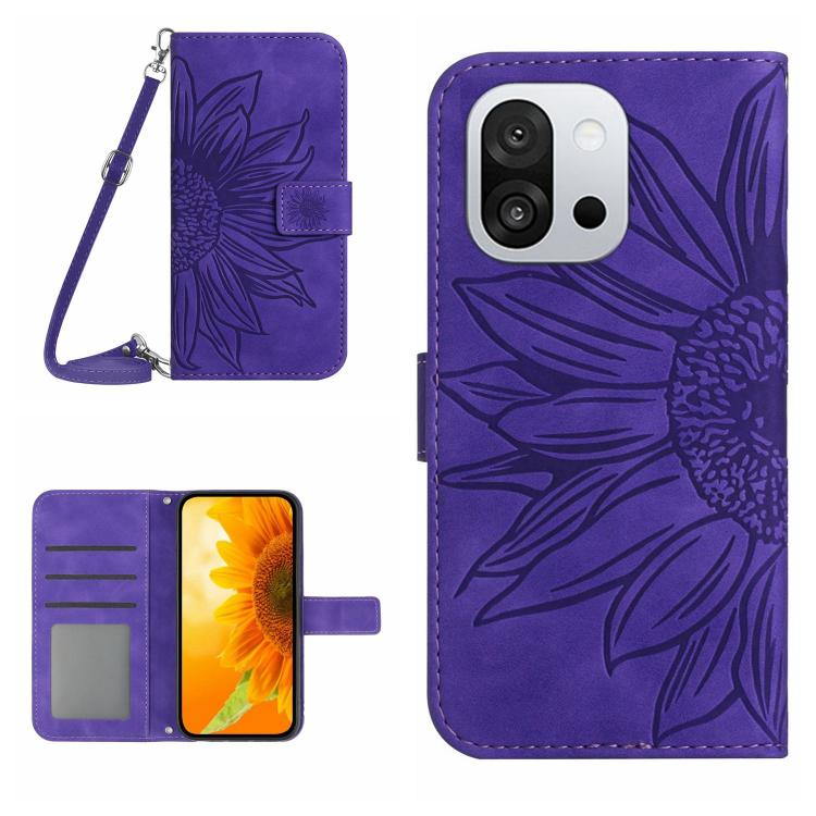 Skin Feel Sun Flower Embossed Leather Phone Case with Lanyard