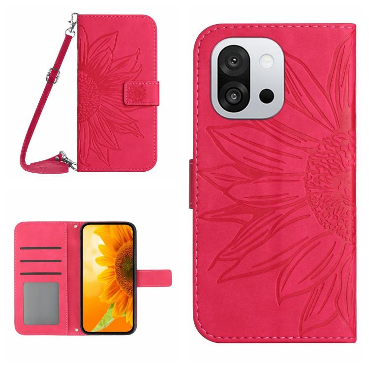 Skin Feel Sun Flower Embossed Leather Phone Case with Lanyard