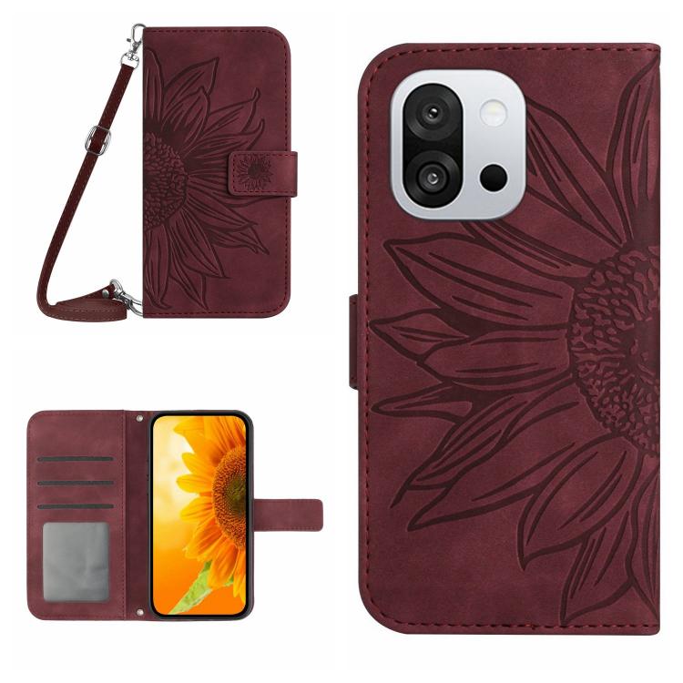 Skin Feel Sun Flower Embossed Leather Phone Case with Lanyard