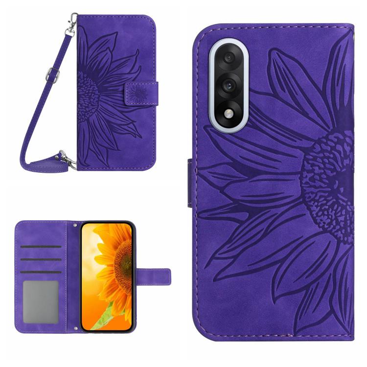 Skin Feel Sun Flower Embossed Leather Phone Case with Lanyard