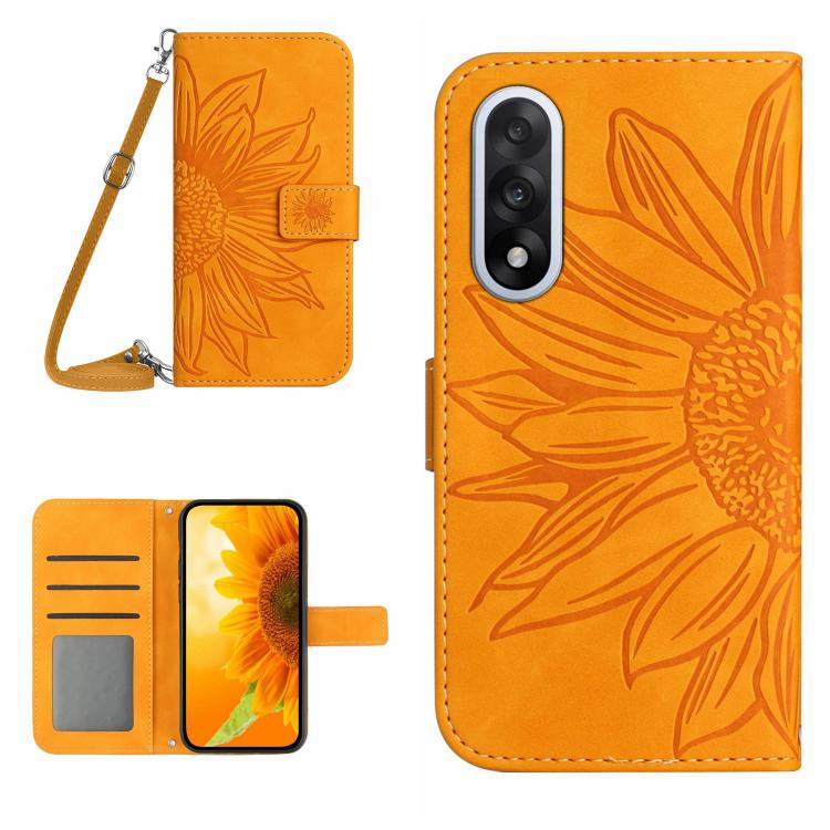 Skin Feel Sun Flower Embossed Leather Phone Case with Lanyard