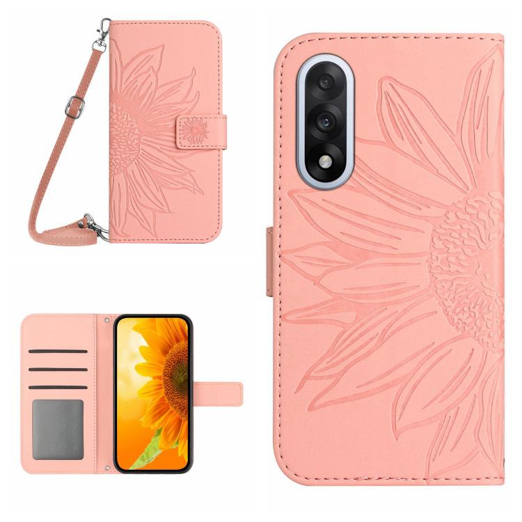 Skin Feel Sun Flower Embossed Leather Phone Case with Lanyard