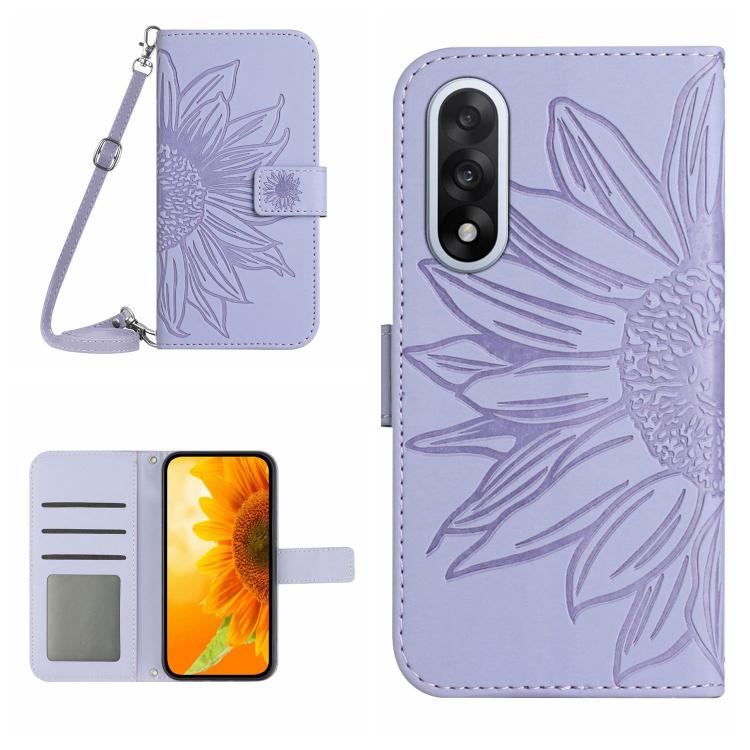 Skin Feel Sun Flower Embossed Leather Phone Case with Lanyard