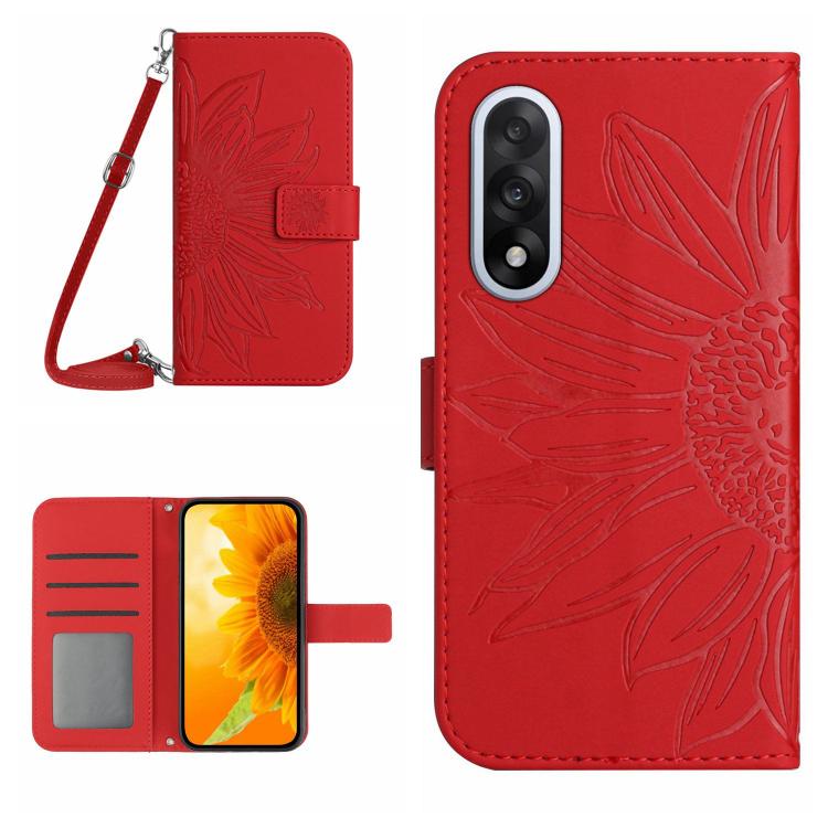 Skin Feel Sun Flower Embossed Leather Phone Case with Lanyard