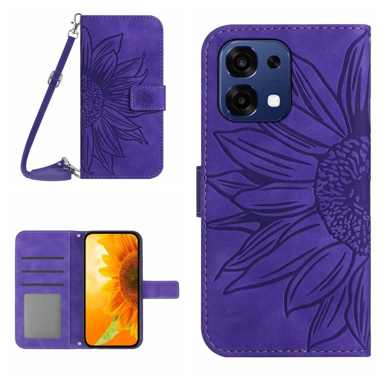 Skin Feel Sun Flower Embossed Leather Phone Case with Lanyard