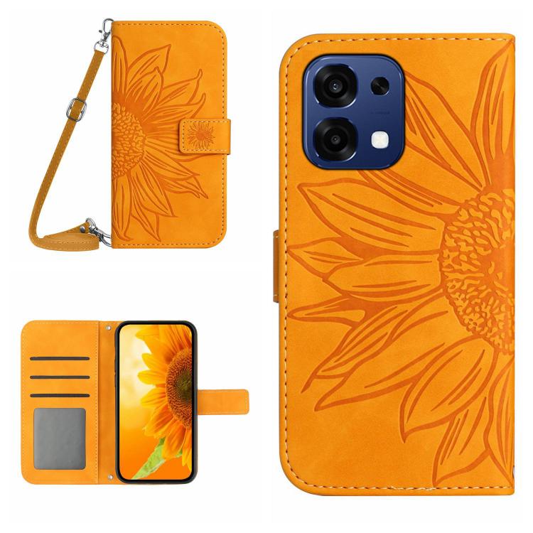 Skin Feel Sun Flower Embossed Leather Phone Case with Lanyard