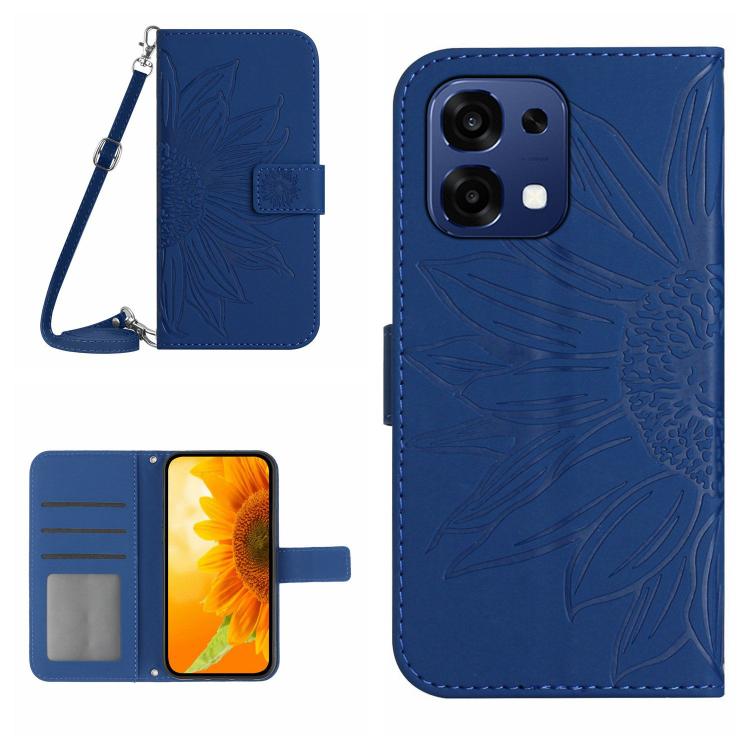 Skin Feel Sun Flower Embossed Leather Phone Case with Lanyard