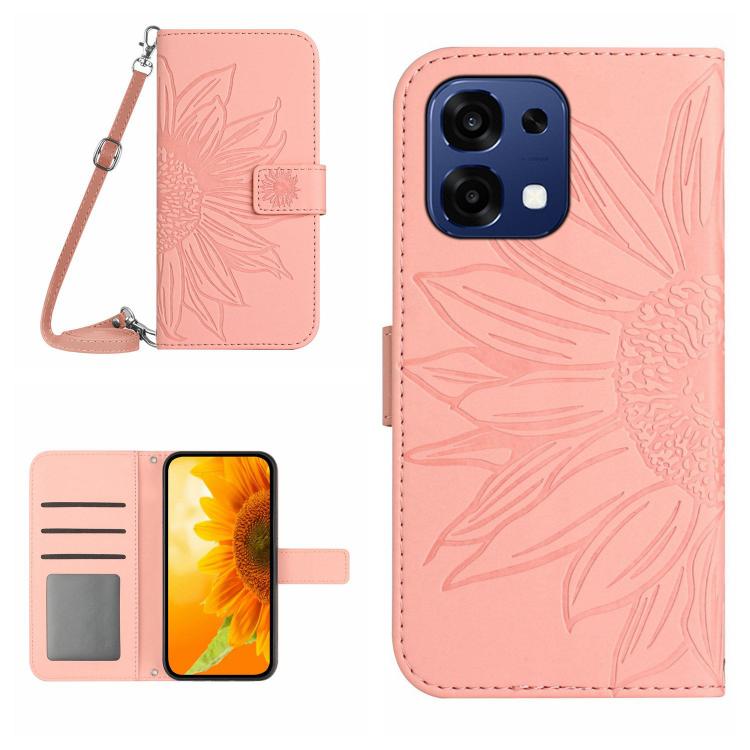 Skin Feel Sun Flower Embossed Leather Phone Case with Lanyard