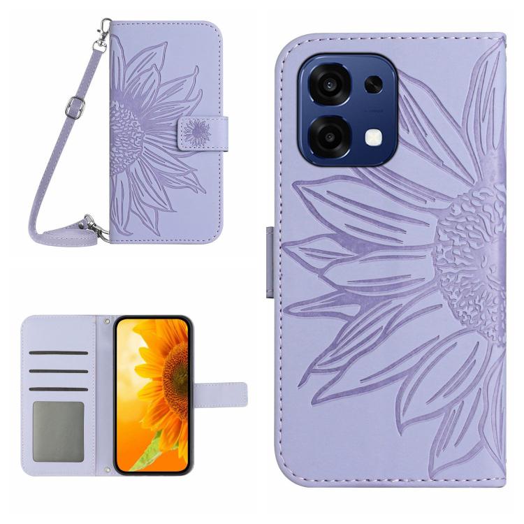 Skin Feel Sun Flower Embossed Leather Phone Case with Lanyard