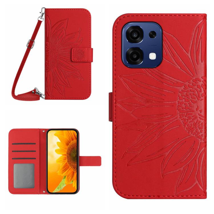 Skin Feel Sun Flower Embossed Leather Phone Case with Lanyard