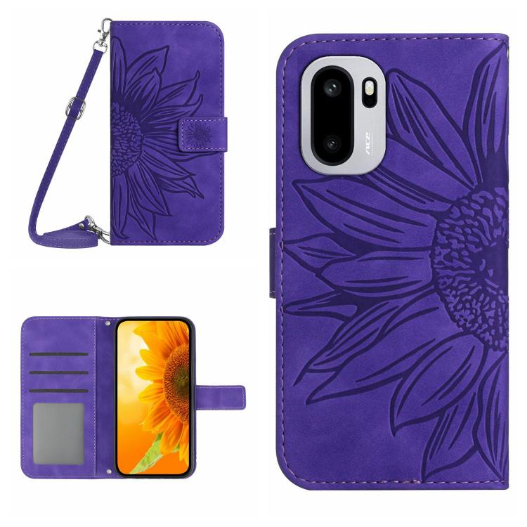 Skin Feel Sun Flower Embossed Leather Phone Case with Lanyard