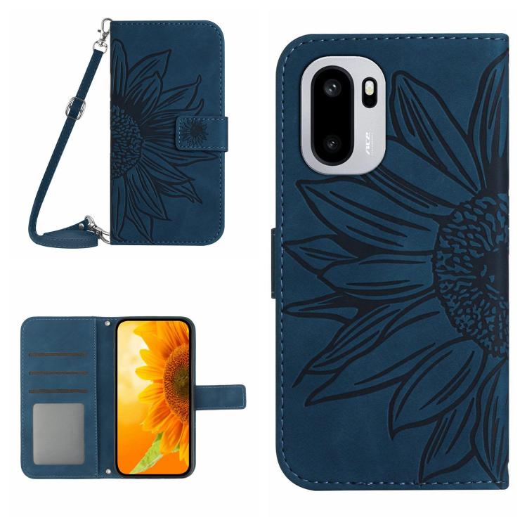 Skin Feel Sun Flower Embossed Leather Phone Case with Lanyard
