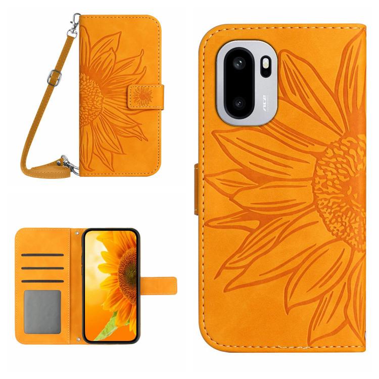 Skin Feel Sun Flower Embossed Leather Phone Case with Lanyard