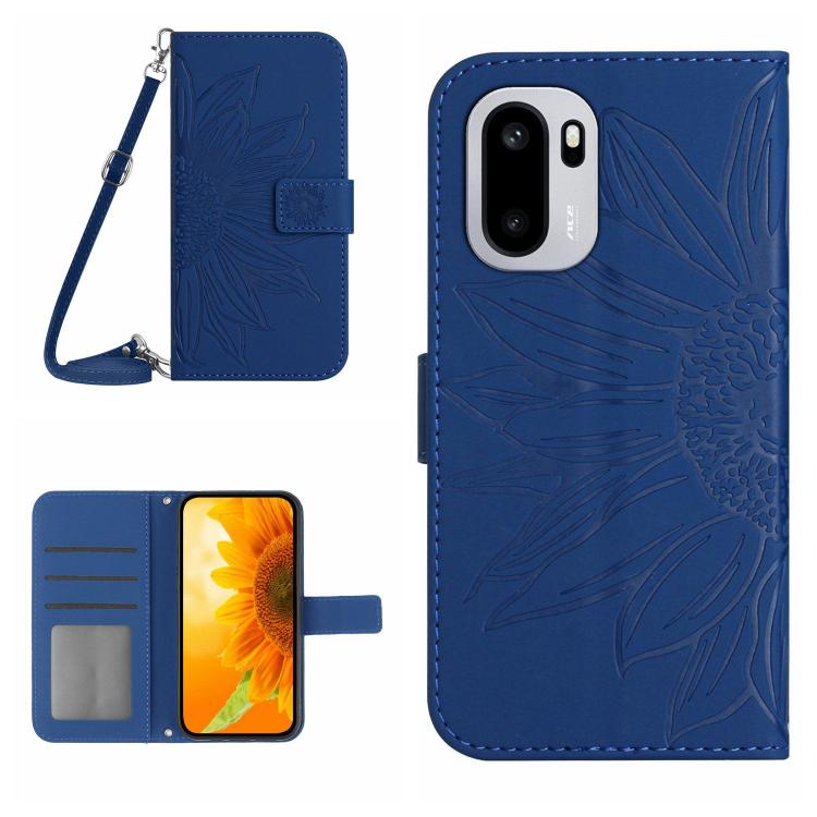Skin Feel Sun Flower Embossed Leather Phone Case with Lanyard