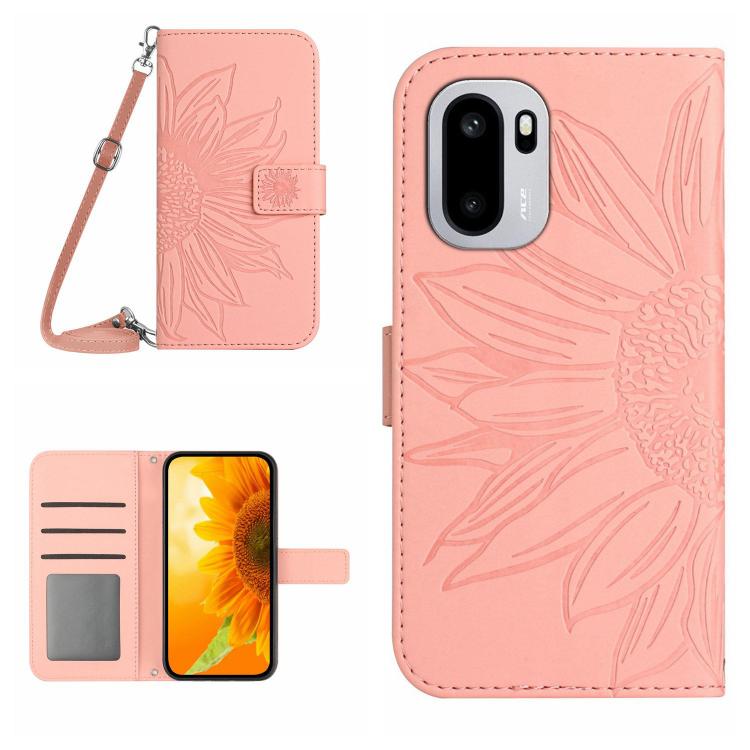 Skin Feel Sun Flower Embossed Leather Phone Case with Lanyard