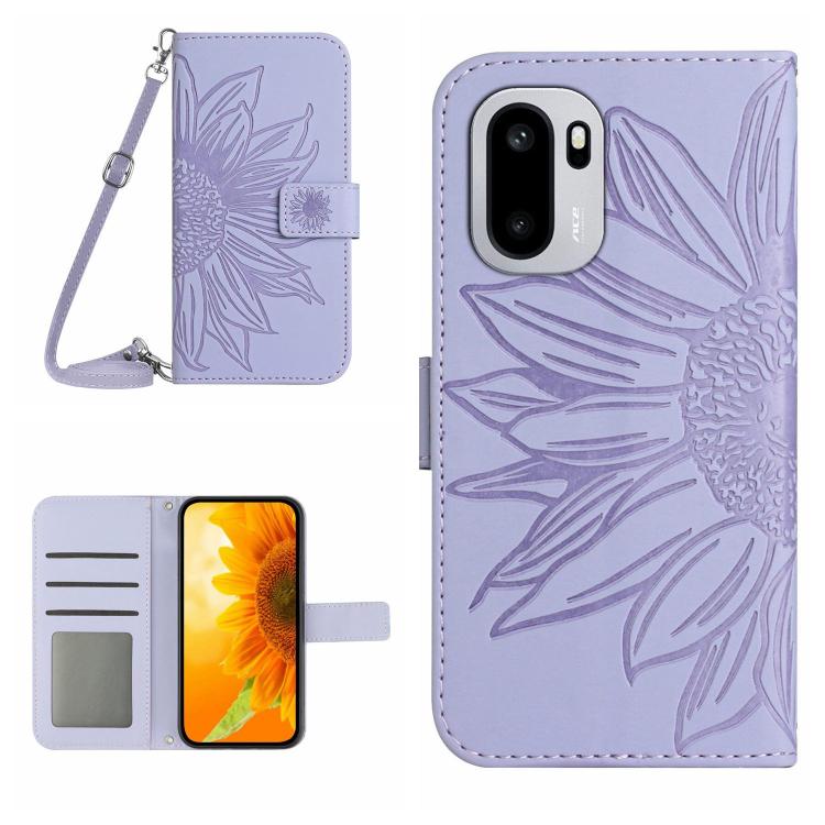 Skin Feel Sun Flower Embossed Leather Phone Case with Lanyard