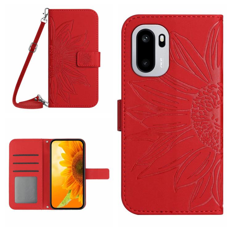 Skin Feel Sun Flower Embossed Leather Phone Case with Lanyard
