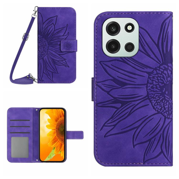 Skin Feel Sun Flower Embossed Leather Phone Case with Lanyard