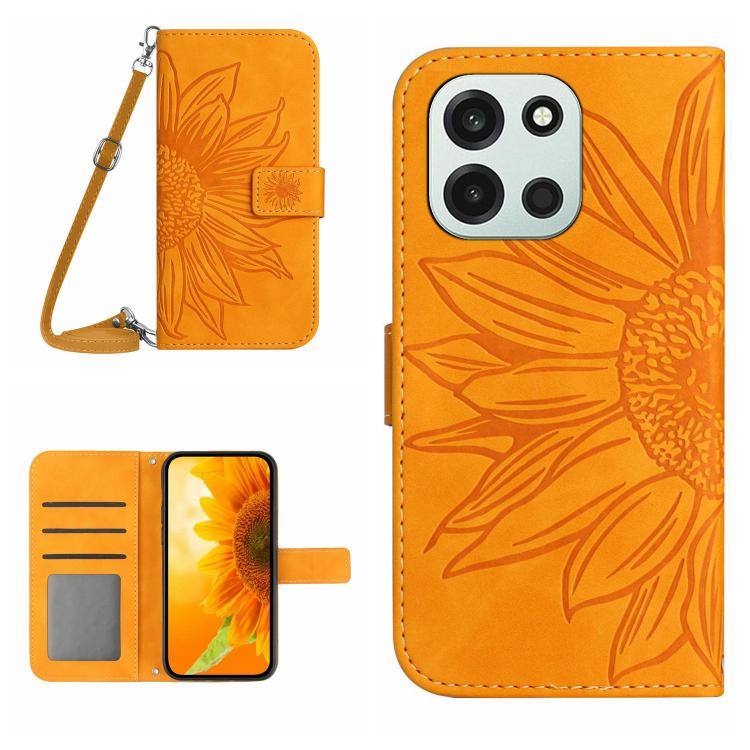 Skin Feel Sun Flower Embossed Leather Phone Case with Lanyard