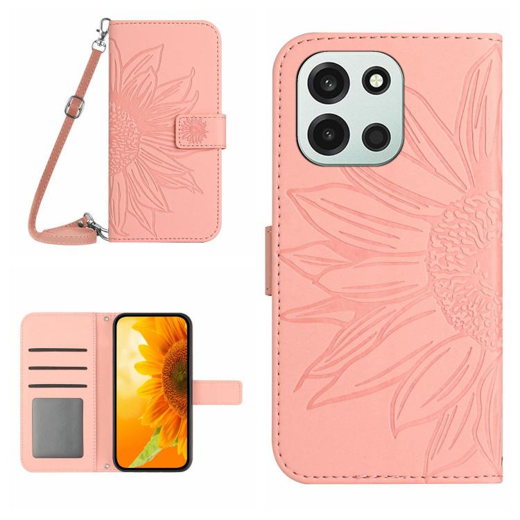 Skin Feel Sun Flower Embossed Leather Phone Case with Lanyard