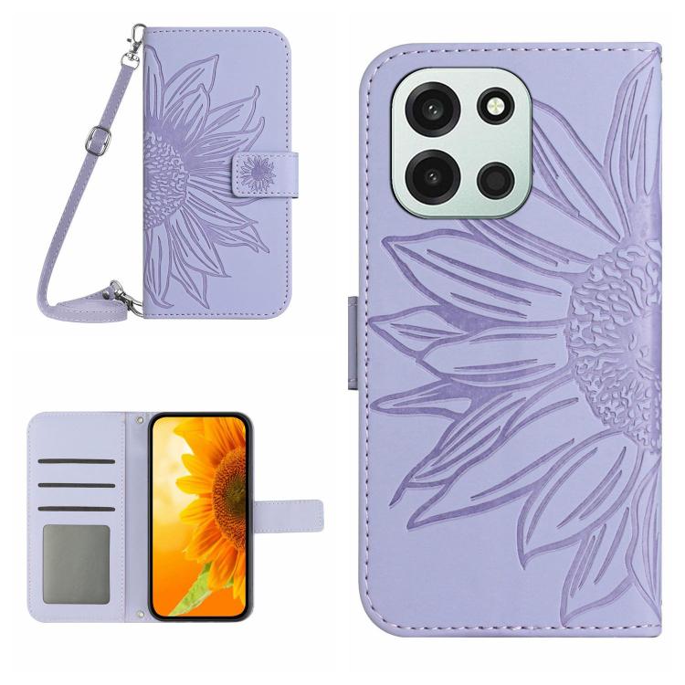Skin Feel Sun Flower Embossed Leather Phone Case with Lanyard