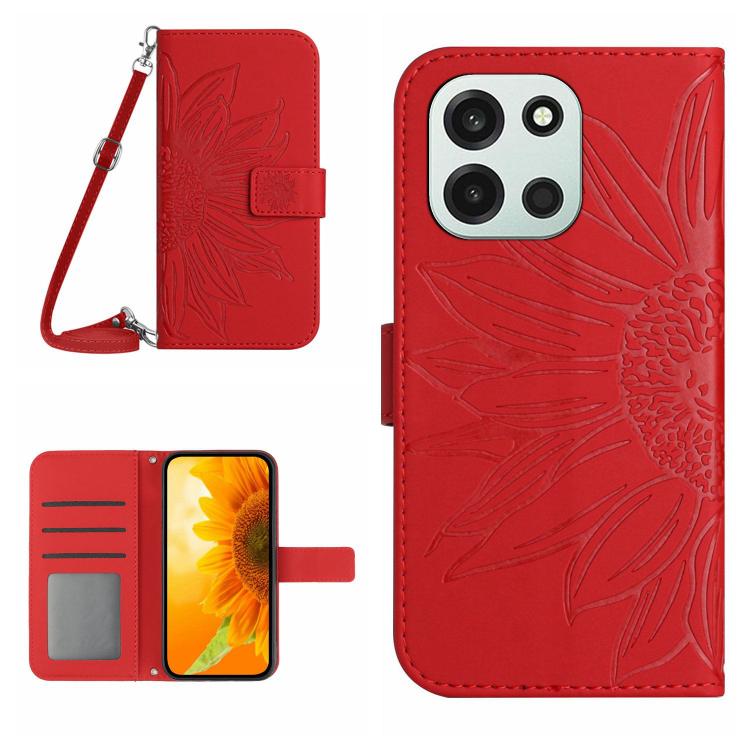 Skin Feel Sun Flower Embossed Leather Phone Case with Lanyard