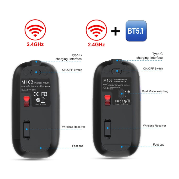 HXSJ M103 1600DPI UV Dual Mode 2.4GHz + Bluetooth 5.1 Wireless Rechargeable Mouse