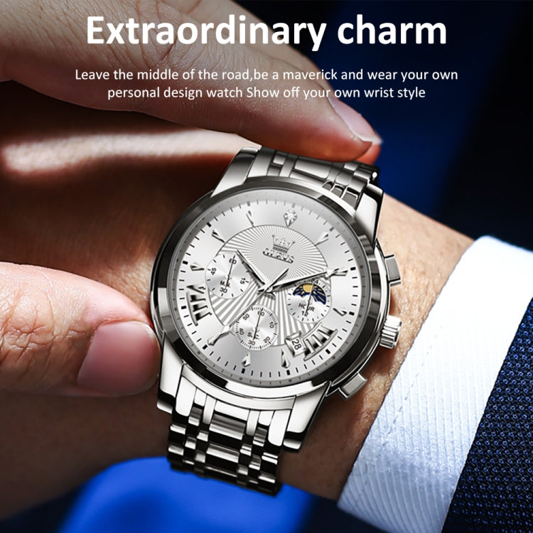 OLEVS 2892 Men Multifunctional Business Waterproof Quartz Watch — Black + Silver