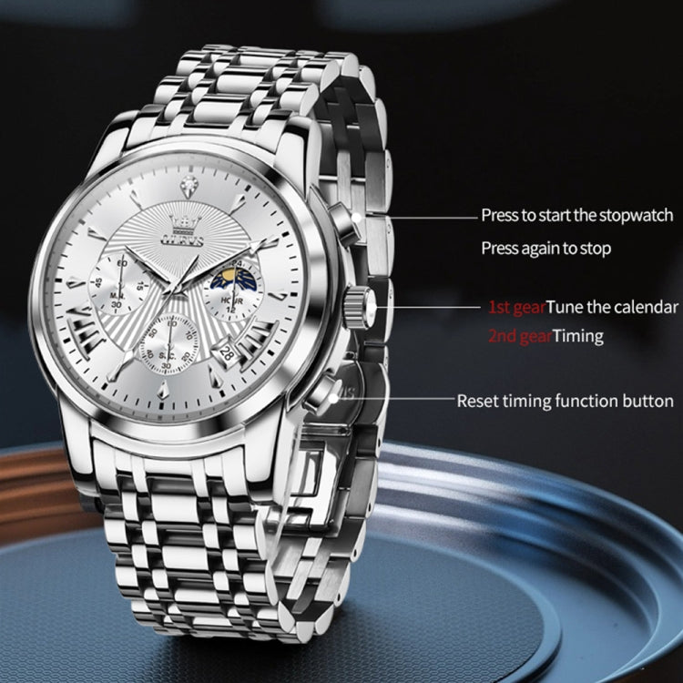 OLEVS 2892 Men Multifunctional Business Waterproof Quartz Watch — Blue + Silver