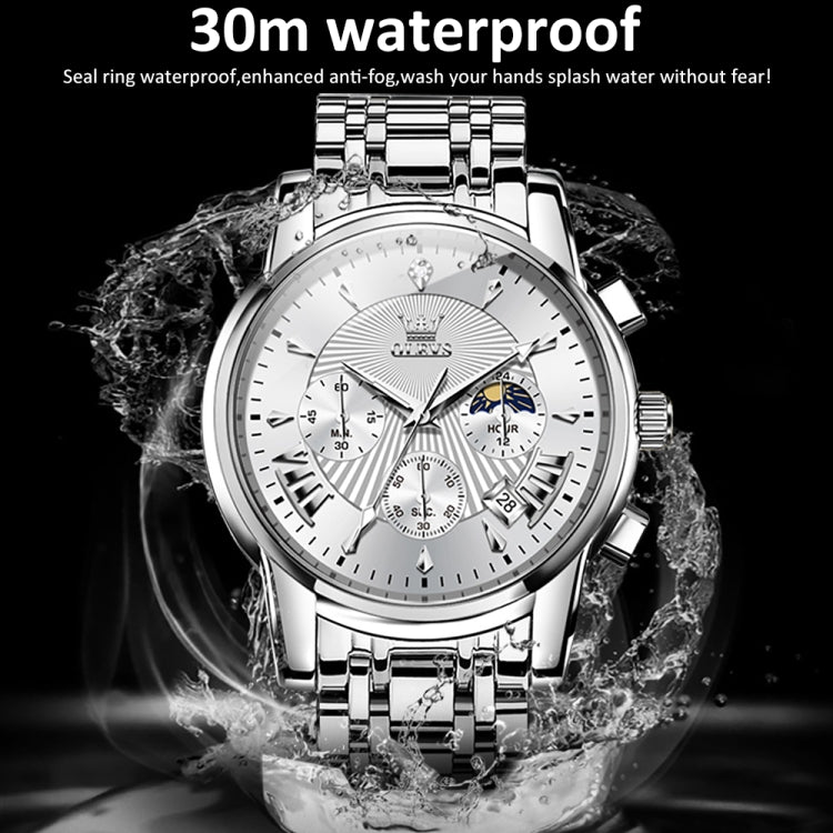 OLEVS 2892 Men Multifunctional Business Waterproof Quartz Watch — White + Gold