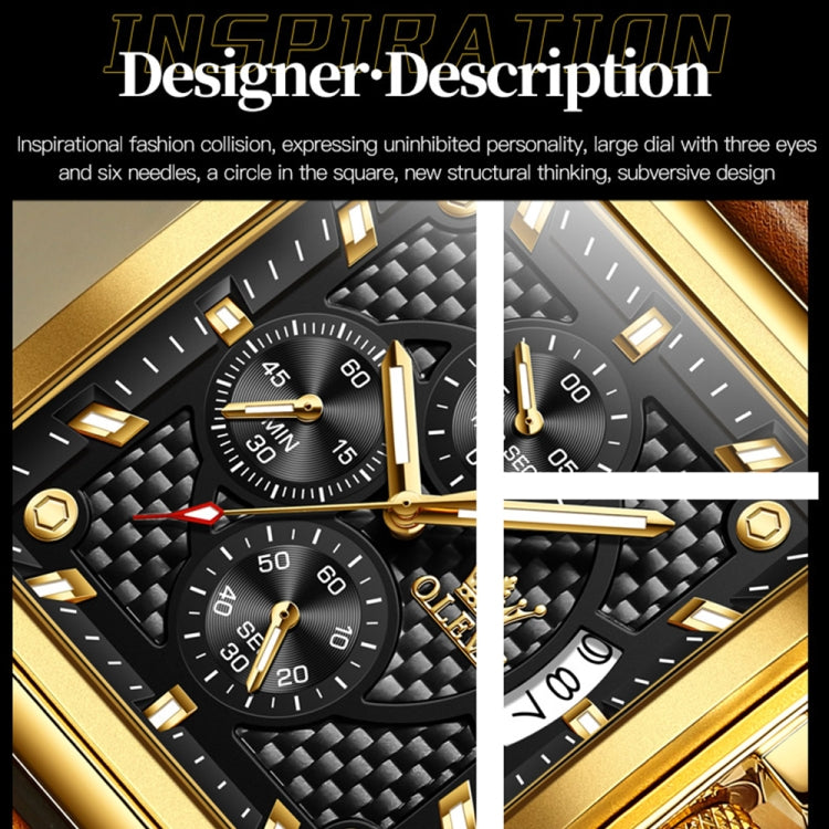 OLEVS 9925 Men Square Dial Multifunctional Waterproof Quartz Watch — Gold