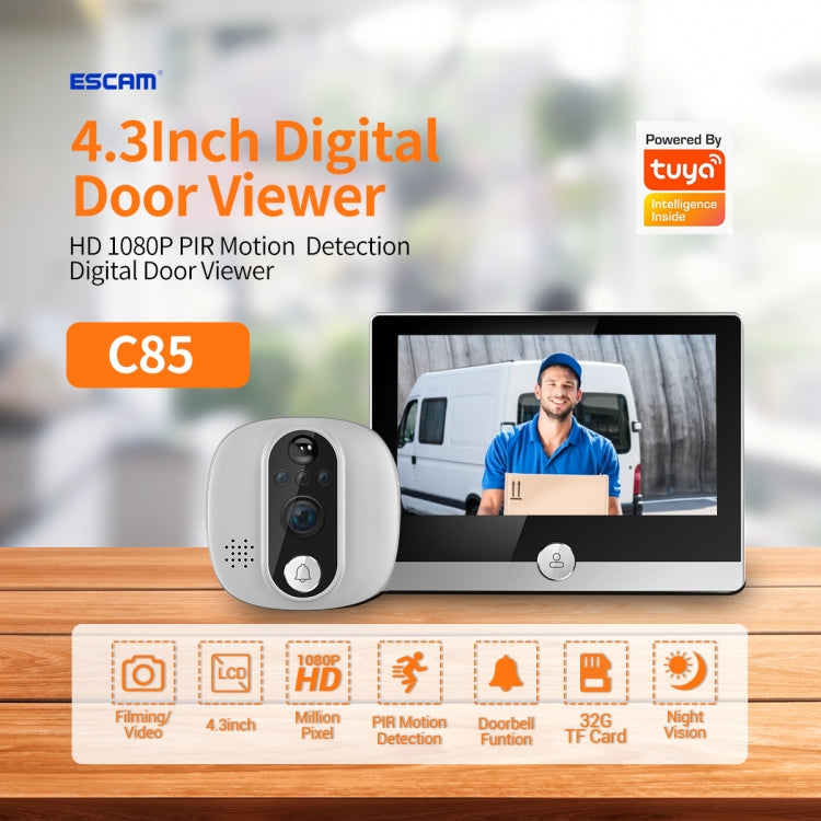 ESCAM C85 1080P 4.3 inch Smart WIFI Digital Door Viewer Supports Wide-Angle PIR & Night Vision & Dingdong Photo