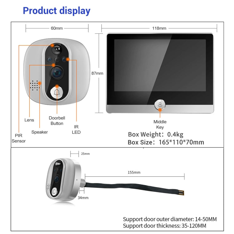 ESCAM C85 1080P 4.3 inch Smart WIFI Digital Door Viewer Supports Wide-Angle PIR & Night Vision & Dingdong Photo