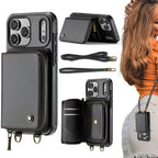 JEEHOOD C22 Series Zipper Wallet Leather Phone Case with Dual Lanyard