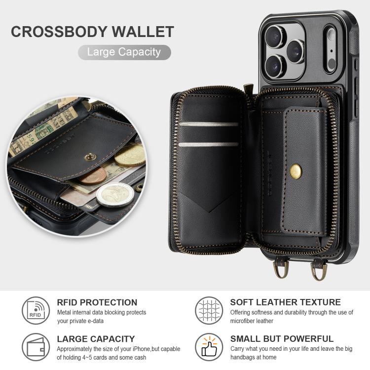 JEEHOOD C22 Series Zipper Wallet Leather Phone Case with Dual Lanyard