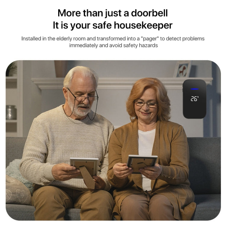 C302B One to One Home Wireless Doorbell Temperature Digital Display Remote Control Elderly Pager — Black