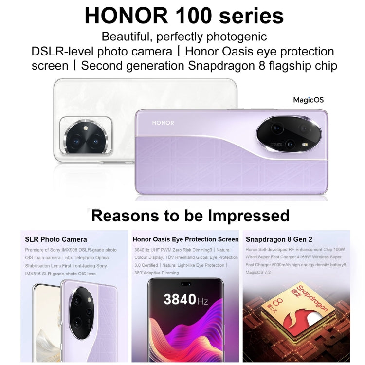 Honor 100 Pro, Screen Fingerprint Identification, 6.78 inch MagicOS 7.2 Snapdragon 8 Gen 2 Octa Core up to 3.19GHz, Network: 5G, NFC, OTG, Support Google Play