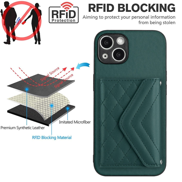 Rhombic Texture Card Bag RFID Phone Case with Long Lanyard — For iPhone 14