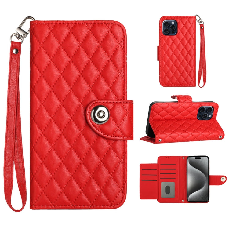 Rhombic Texture Flip Leather Phone Case with Lanyard