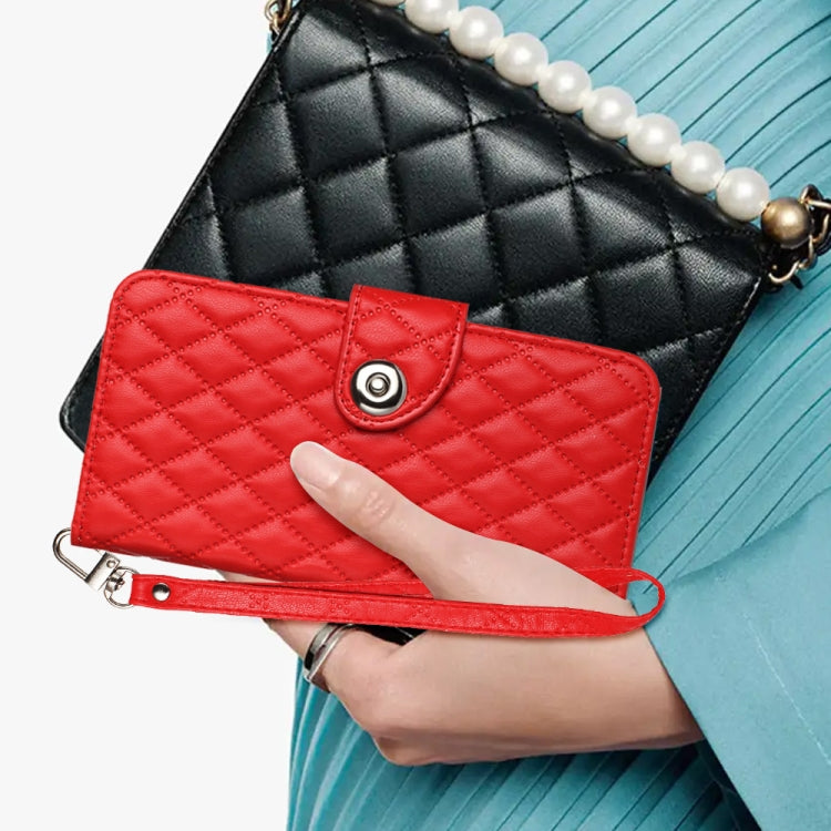 Rhombic Texture Flip Leather Phone Case with Lanyard — For iPhone 14